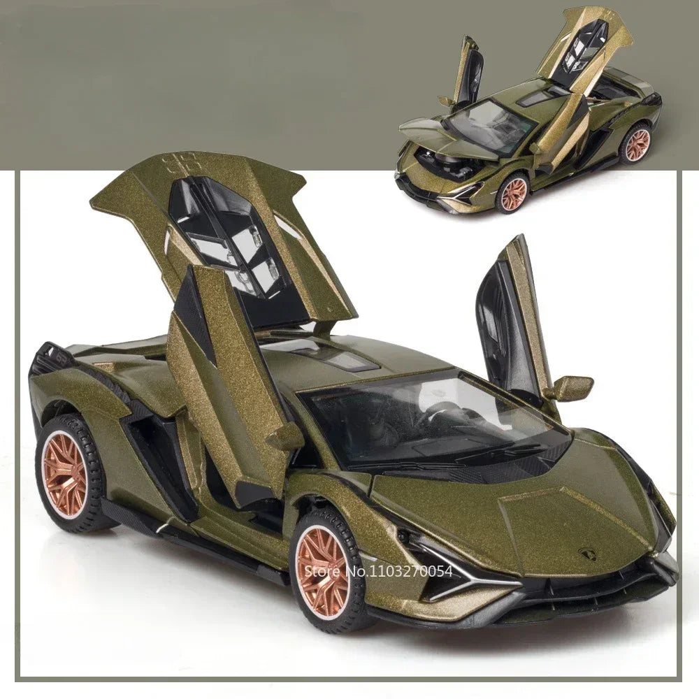 1/32 LP740 Sian Toys Model Car Diecast Alloy Sports Car Metal Body Rubber Tire Doors Opened Sound Light Pull Back Toy Kid Gifts