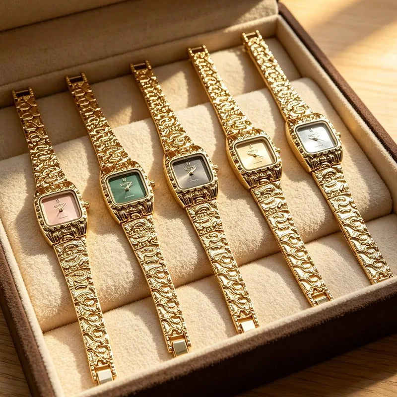 Vintage Square Watches for Women Golden Bracelet Quartz Wristwatch Luxury Designer Ladies Small Gold Watch Gifts Dropshipping