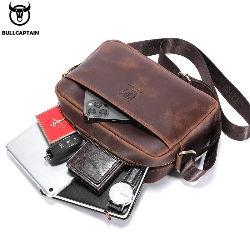 BULLCAPTAIN Men's Genuine Leather Shoulder Bag Retro Large Capacity Travel Bag Crazy Horse Leather High Quality Crossbody Bag