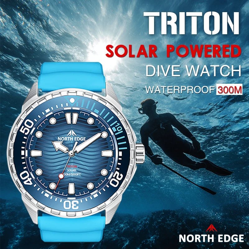 NORTH EDGE TRITON 2025 Solar Dive Watch Men Quartz 316L Steel 300M Waterproof