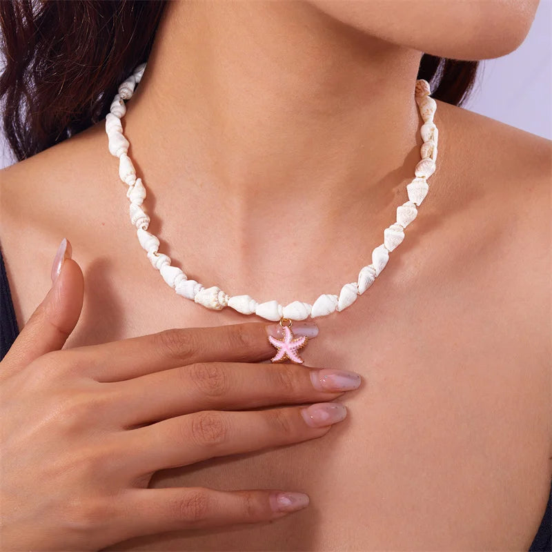 Summer Beach Style Shell Starfish Pendant Necklace for Women Handmade Seashell Conch Beaded Choker Necklace Boho Party Jewelry