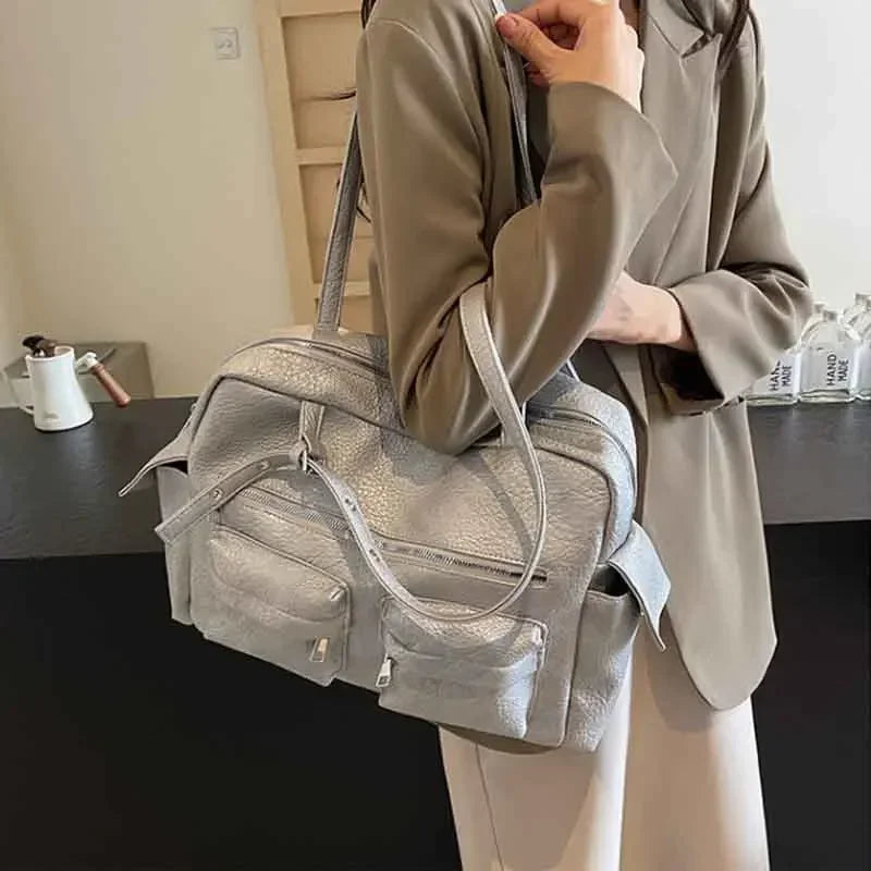 Women PU Leather Shoulder Bag Multi-Pockets Underarm Bag Solid Versatile Commuting Handbag Adjustable Strap Armpit Tote Bag