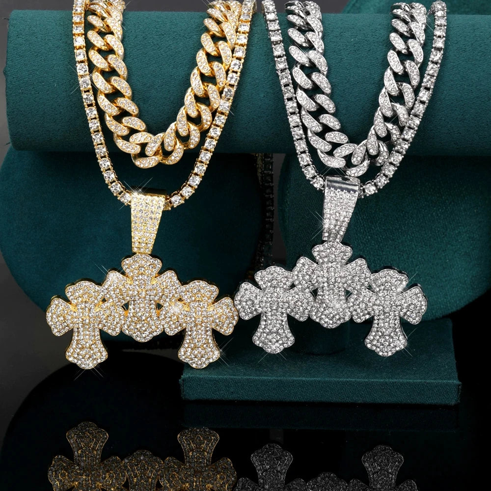 New Hip Hop Stacked Cross Pendant Tennis Chain Necklace,with Cuban Chain Crosses Necklaces Fashion Jewelry,For Men And Women