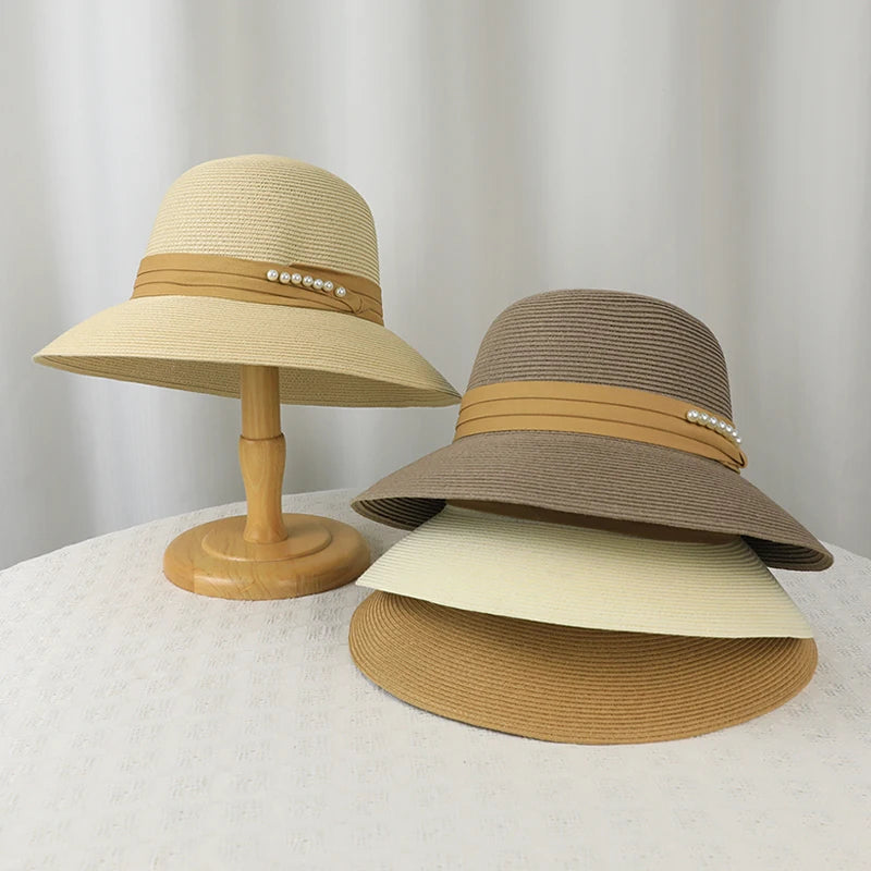 6178-New summer women's sun-protective hat - trendy pearl straw hat for beachandvacation-large-brimmed sun hatforoutdooractivies