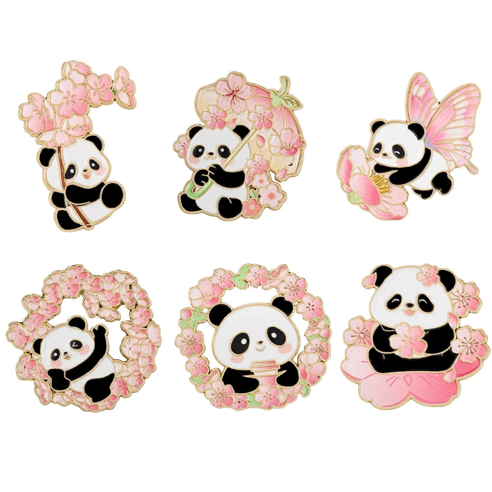 6pcs Cute Cartoon Animal Enamel Brooches - Flower Panda Cherry Blossom & Butterfly Lapel Pins Metal Badges Jewelry Gift Set