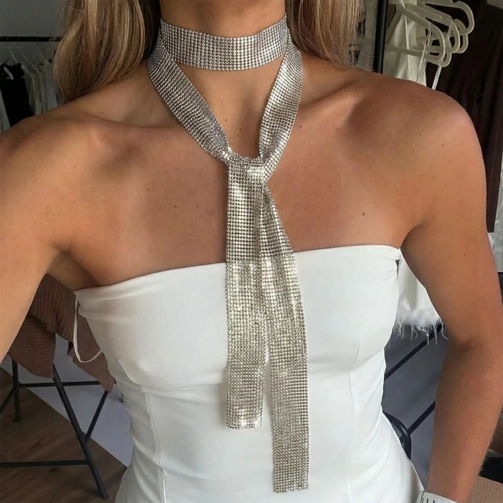 Liquid Metal Mesh Scarf Necklace for Women Gold Chainmail Wrap Tie Long Lariat Choker Elegant Evening Jewelry