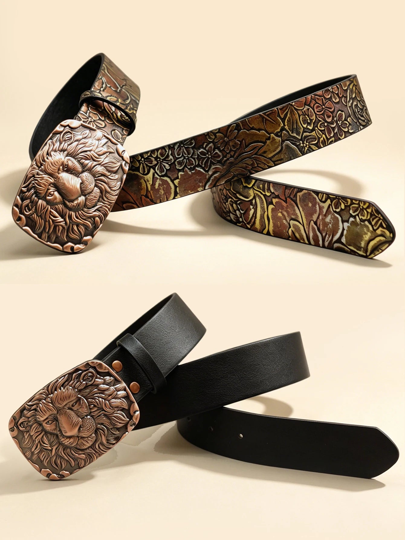 Vintage Lion Head Engraved Belt, Antique Bronze Buckle Men's Floral Embossed Cowboy Waistband
