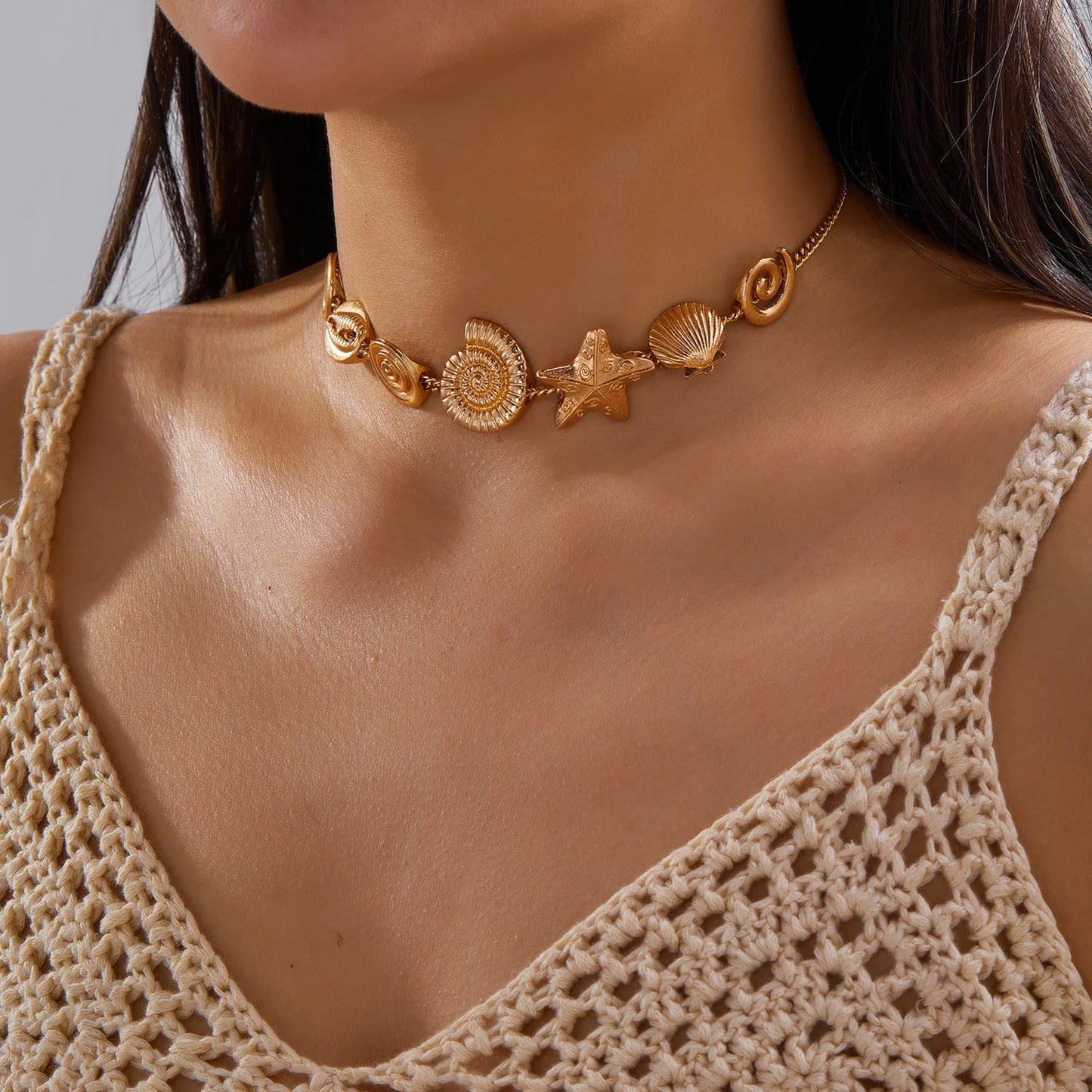 Statement Gold Seashell Starfish Choker Necklace for Women Boho Metal Conch Ocean Marine Charm Collar Summer Beach Jewelry