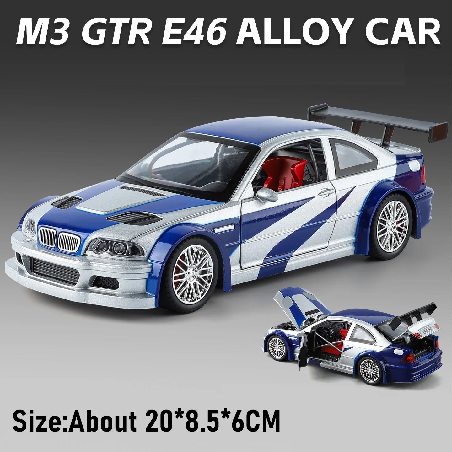 1:24 M3 GTR E46 R34 Model Diecast Alloy Sportscar Toys Sound Light Pull Back Front Wheel Steering Vehcie Children's Holiday Gift