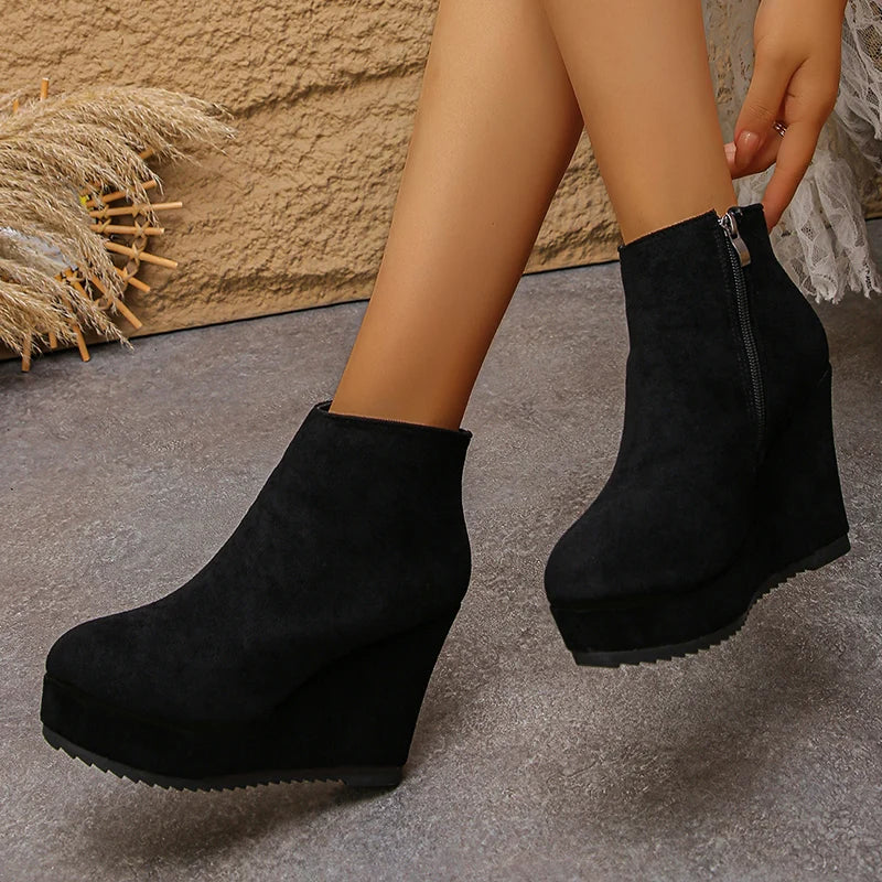 Black Wedge High Heel Ankle Boots Women Faux Suede Chunky Platform Boots Woman 2025 Plus Size 35-42 Zipper Short Booties Mujer