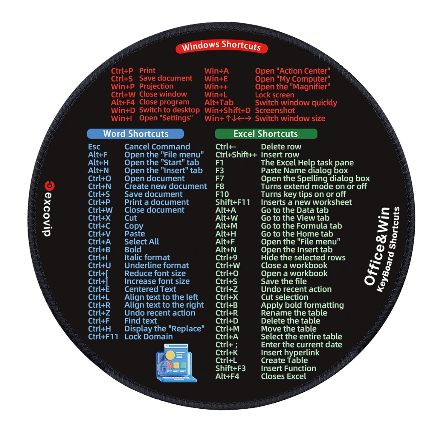 EXCO Shortcuts Mouse Pad for Excel Windows Round Office Mousepad Small with Stitched Edge Non-Slip Rubber Base for Laptop Home