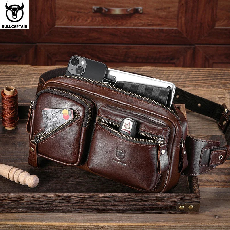 BULLCAPTAIN Men's Genuine Leather Chest Bag Outdoor Sports Shoulder Bag Multifunctional Large Capacity Waist Bag