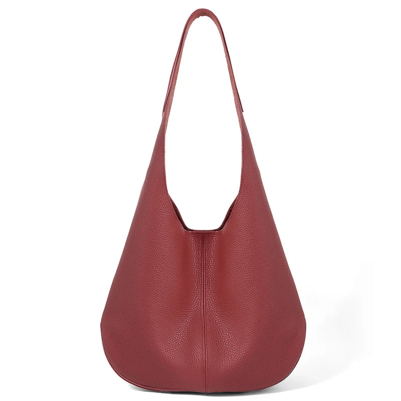 Genuine Cowhide Leather Slouchy Hobo Shoulder Bag for Women Pebbled Leather Large Capacity Everyday Tote Bag Daily Underarm Bags