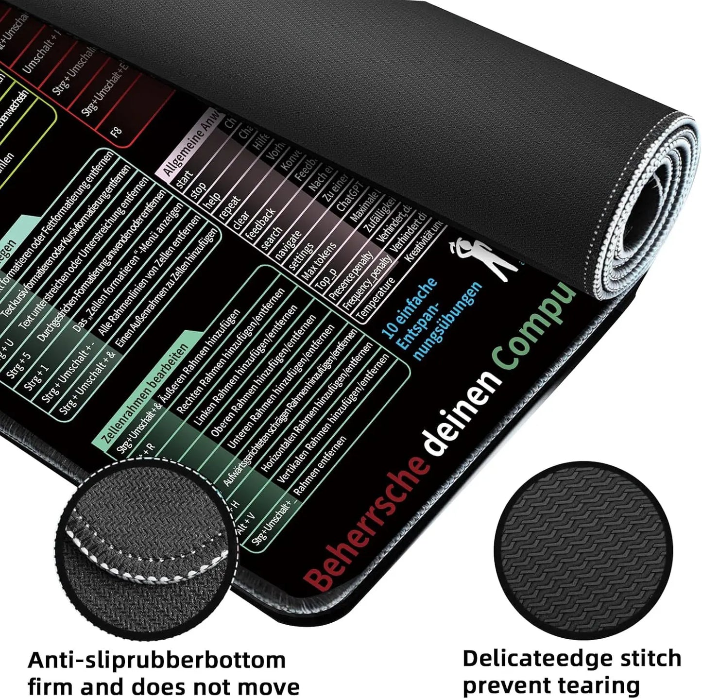 German Excel Mouse Pad XXL Desk Mat with Shortcuts for Excel, Word, PPT & Windows, Non-Slip Mouse Mat for Office Increases Speed
