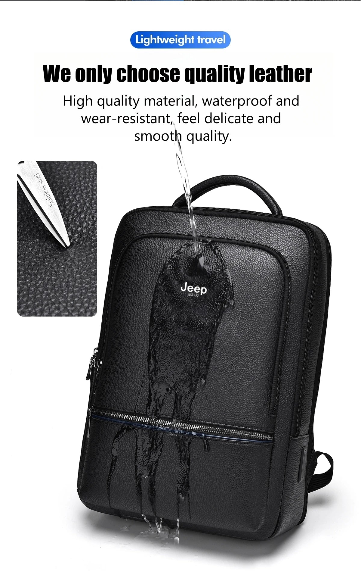 JEEP BULUO Men'Genuine Leather Business Backpacks Black Casual 15.6" Laptop bag