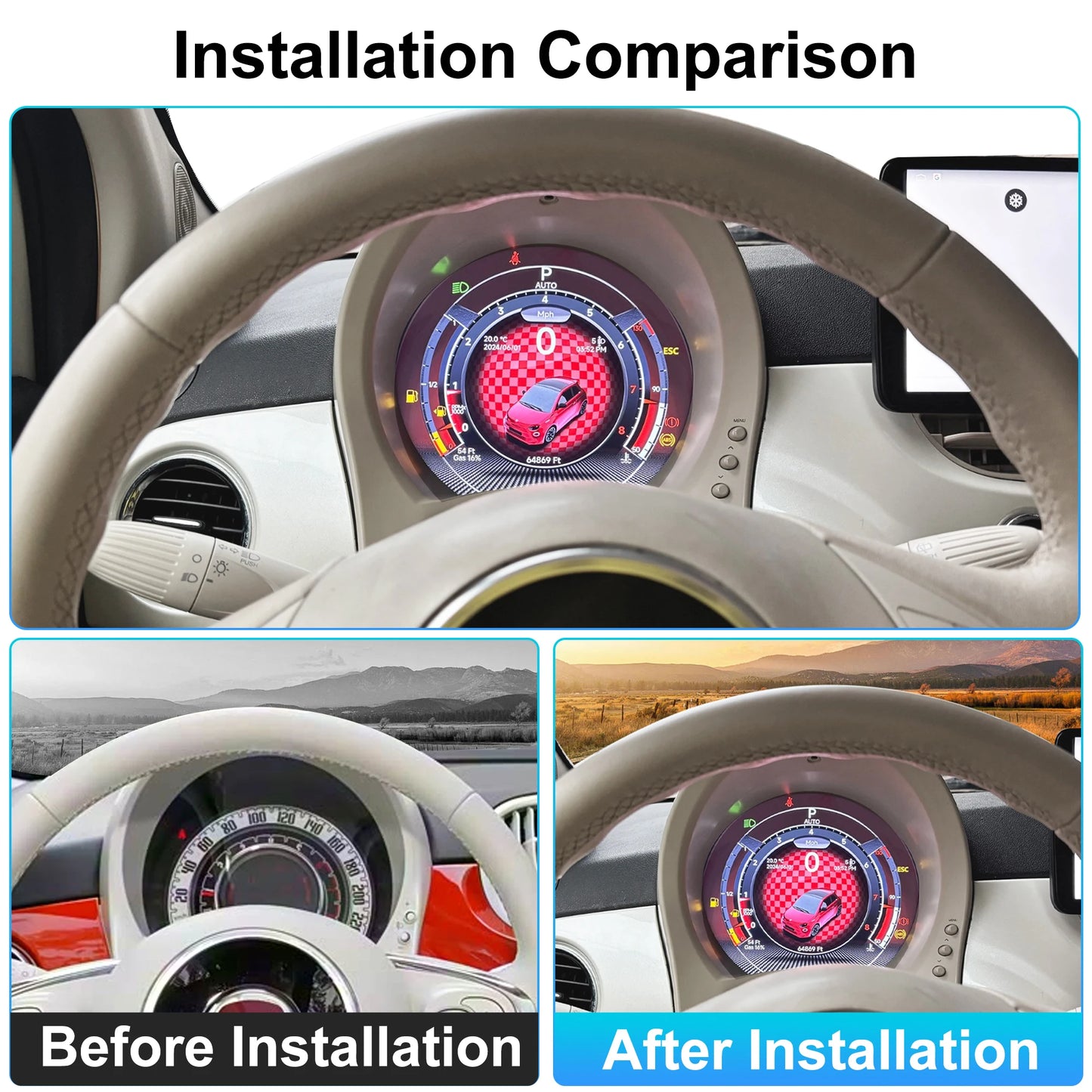 Cluster digital instrument cluster For Fiat 500 2007-2024 LCD instrument panel Speedometer  iOS CarPlay and Android Auto