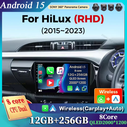 Car Radio For Toyota Hilux RHD 2015 2016 2017 2018 2020 2021 2023 Wireless Carplay Android Auto Multimedia Player Stereo WIFI 4G