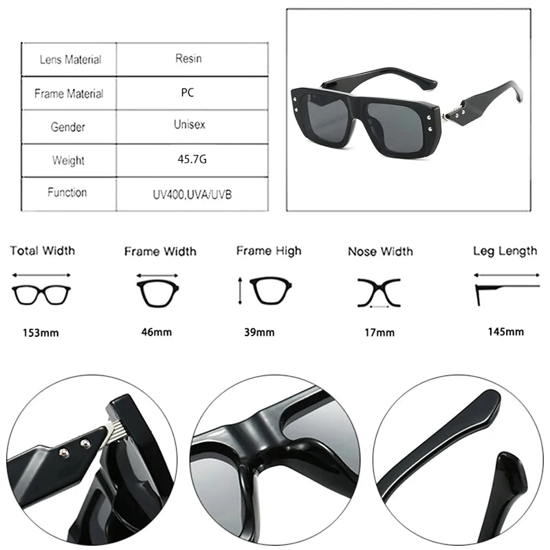 JNPCXI New Square Rivets Sunglasses Women Fashion Gray Stripe Gradient Shades UV400 Men Clear Lens Frame