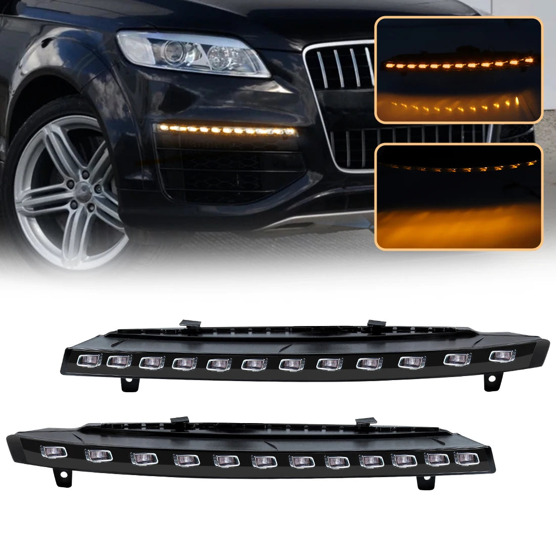 2PCS DRL For Audi Q7 2010 2011 2012 2013 2014 2015 DRL Car Daytime Running Lights Yellow LED Turn Signal Lamps 4L0 953 041D/042D