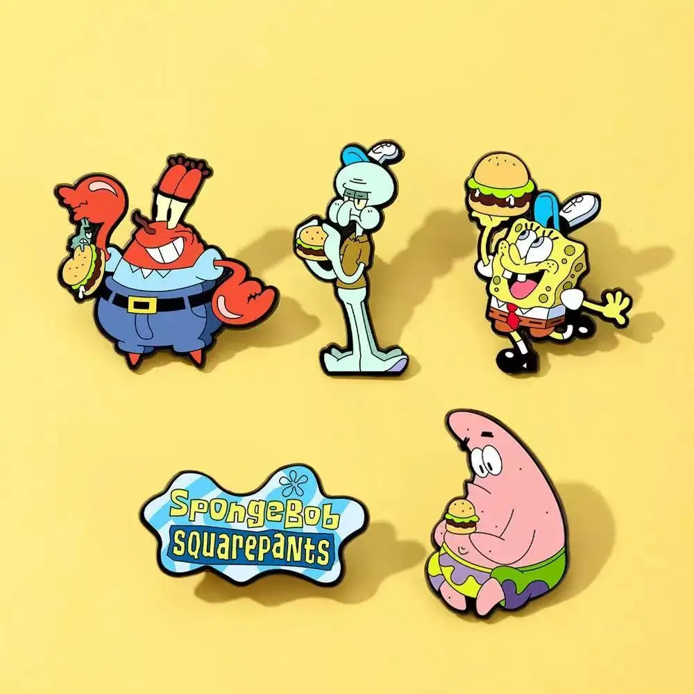5pcs Sponge SquarePants Enameled Brooches Metal Badges Cute Jewelry Set for Bag Clothing Backpack Accessorizing Ideal Gift