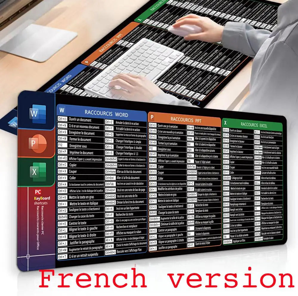 French Version Excel/Word/Windows/PPT Cheat Sheet Mouse pad, Computer Keyboard Pad for Office Workers Students Office Desk Mat