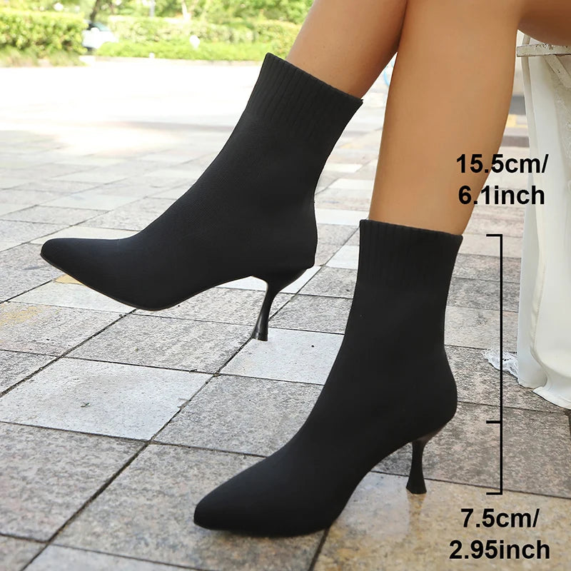 Fashion Slip On Slim Knitted Ankle Boots Women Plus Size Stretch High Heel Boots Woman Autumn Winter Thin Heeled Sock Booties