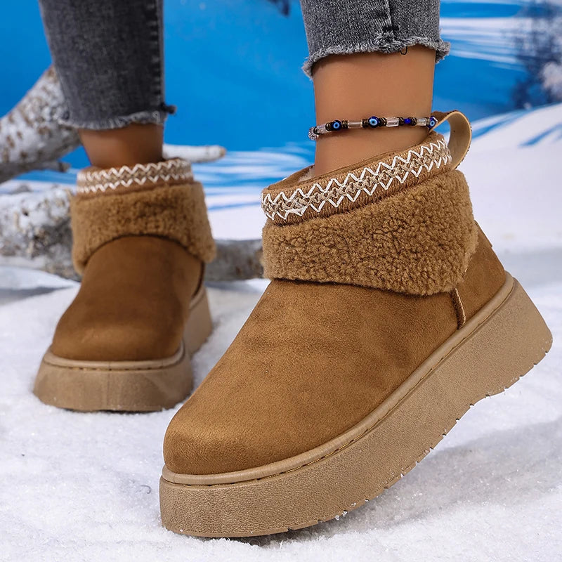 Embroidery Fau Suede Platform Snow Boots for Women Thickened Lining Warm Winter Shoes Woman Thick Sole Slip On Ankle Boots 42