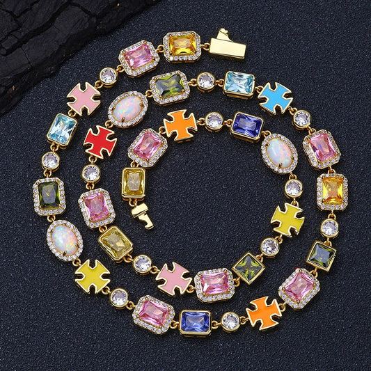 NY Big Gemstone Cross Necklace 10mm Multicolor Enamel Opal Chain Iced Out Jewels