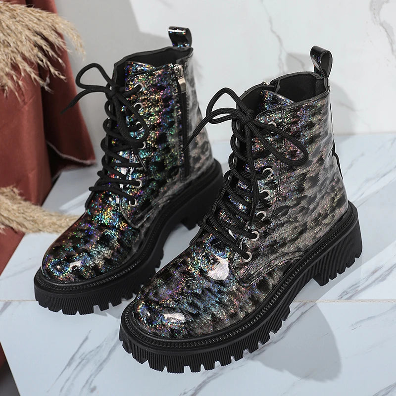 Bright Sequin Platform Ankle Boots Women Autumn Winter Waterproof Short Booties Mujer Fashion Lace Up Thick Sole Boots Plus Size