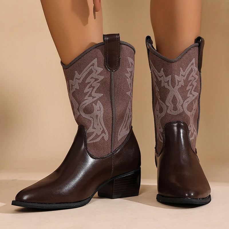 Vinatge Printed Western Cowboy Boots Women Pointed Toe Mid Heels Mid Calf Boots Woman 2025 Patchwork Slip On Tall Botas Mujer