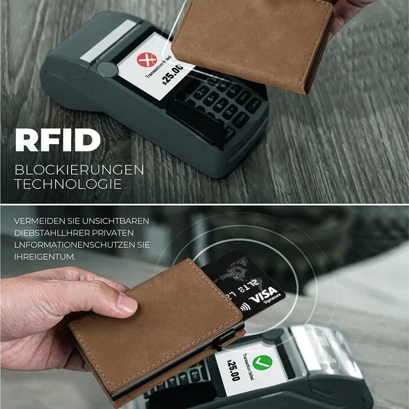 Men RFID Anti-Theft Three-Fold Wallet Ultra-Thin Zipper Coin Pocket Card Clip