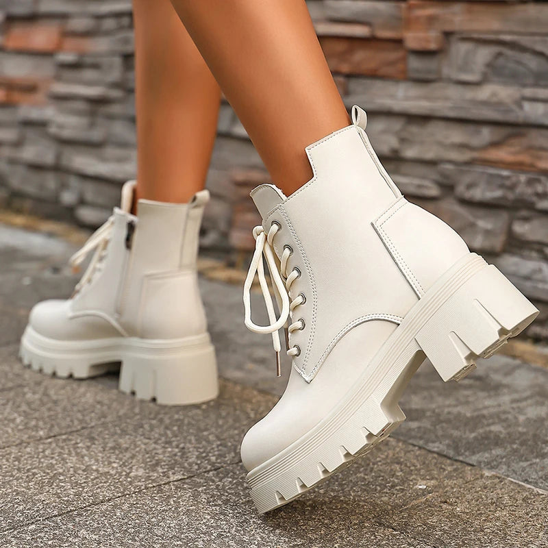 Classic Chunky Platform Ankle Boots Women Lace Up Warm Thicken Plush Winter Boots Woman Thick Sole Pu Leather Motorcycle Botas