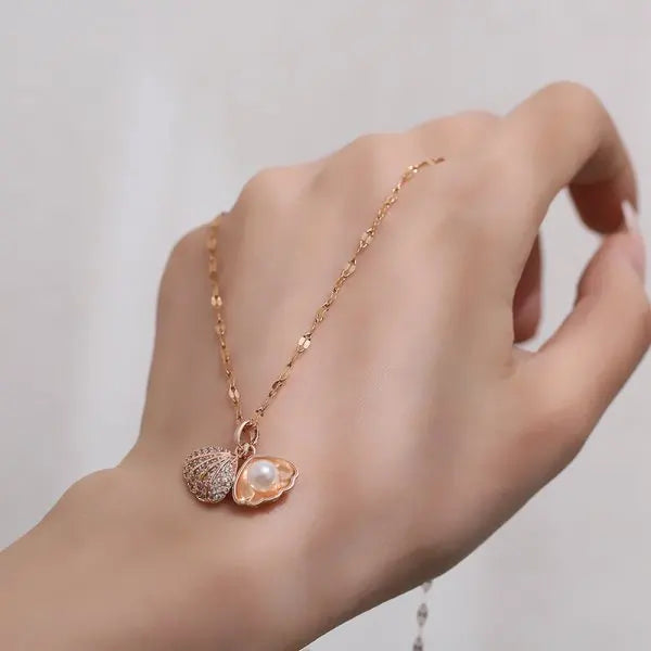 Stainless Steel Shell Pearl Pendant Necklace for Women 2025 Trend Luxury Crystal Zircon Necklaces Fashion Jewelry Birthday Gift