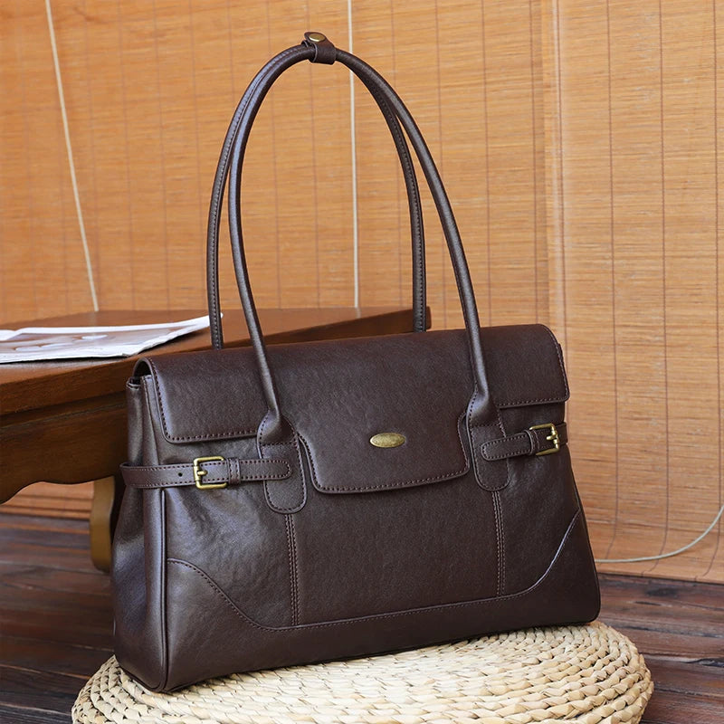 Women's Top-grain leather Underarm Bag Ladies Luxury Designer Genuine leather Handbags Large Capacity Commuting Tote Bags