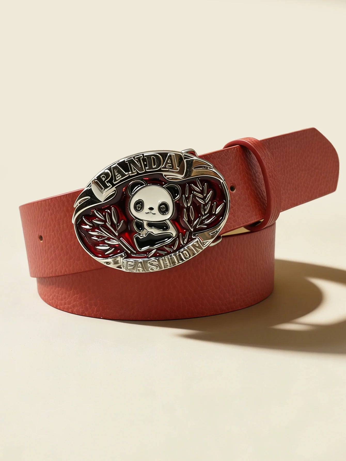 Cute Panda Buckle Red Belt Playful Lychee Texture Unisex Waistband Retro Decorative Waist Cinch
