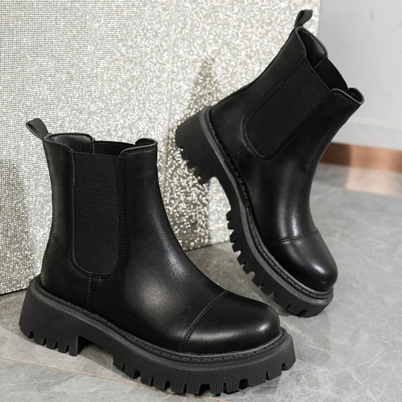 British Black Round Toe Ankle Boots for Women Autumn Winter Fashion Pu Leather Boots Woman Non-Slip Thick Platform Shoes Female