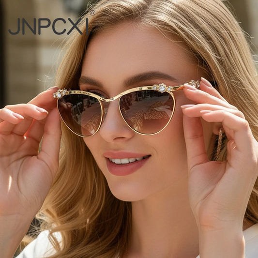 JNPCXI Cat Eye Punk Rhinestones Sunglasses Women Luxury Brand Metal Frame Sun Glasses for Lady Fashion Outdoor Eyewear Shades