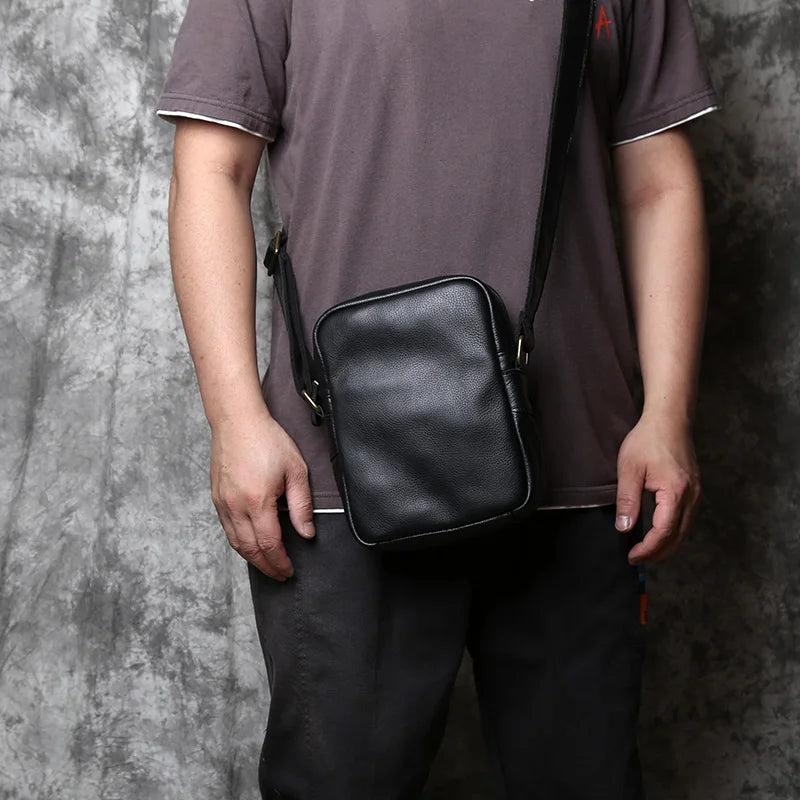 NZPJ Leather Mens Shoulder Bag Casual Crossbody Bag Natural Cowhide Vertical Bag