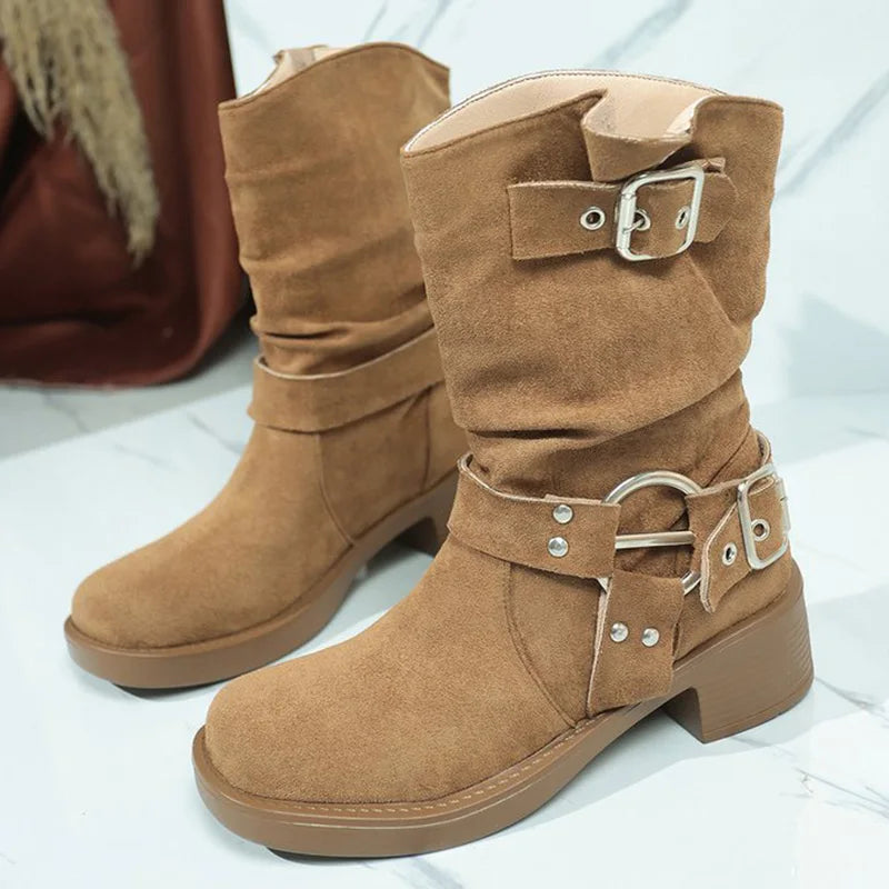 Khaki Faux Suede Boots for Women Autumn Winter Street Style Buckle Strap Decoration Ankle Boots Woman Rivet Platform Botas Lady