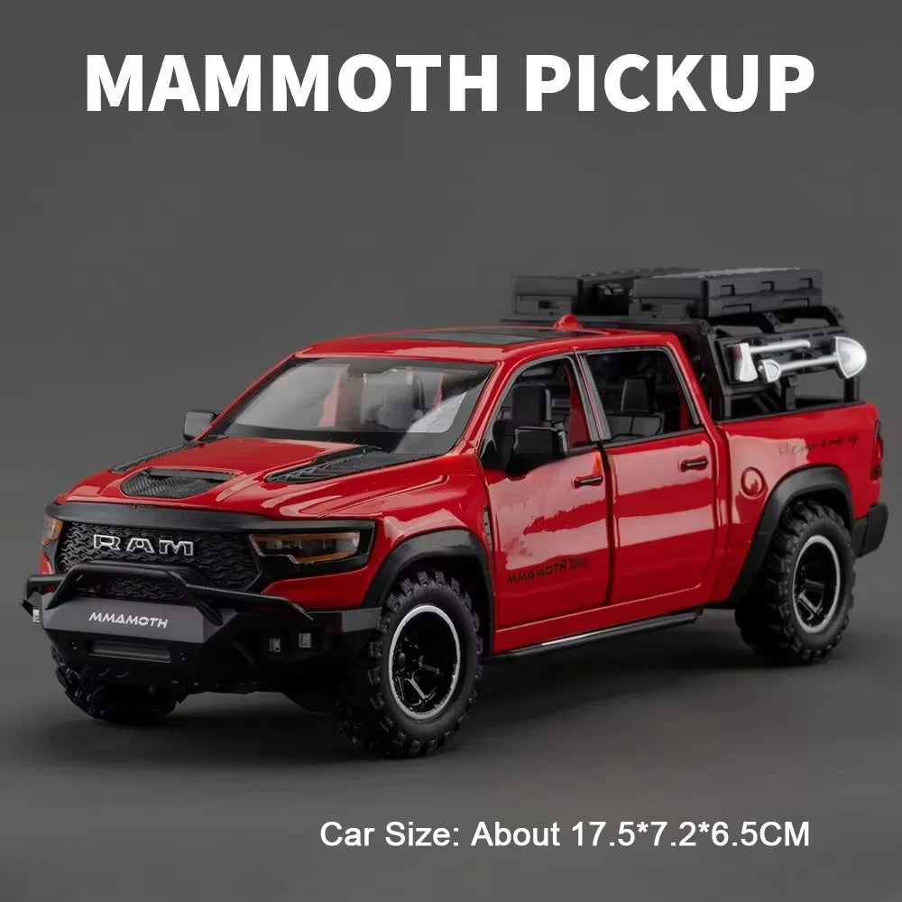 1:32 Scale Ram TRX Mammoth Pickup Car Model Diecast Alloy Toys with Sound Light Pull Back Doors Opened Camper Van Children's Toy
