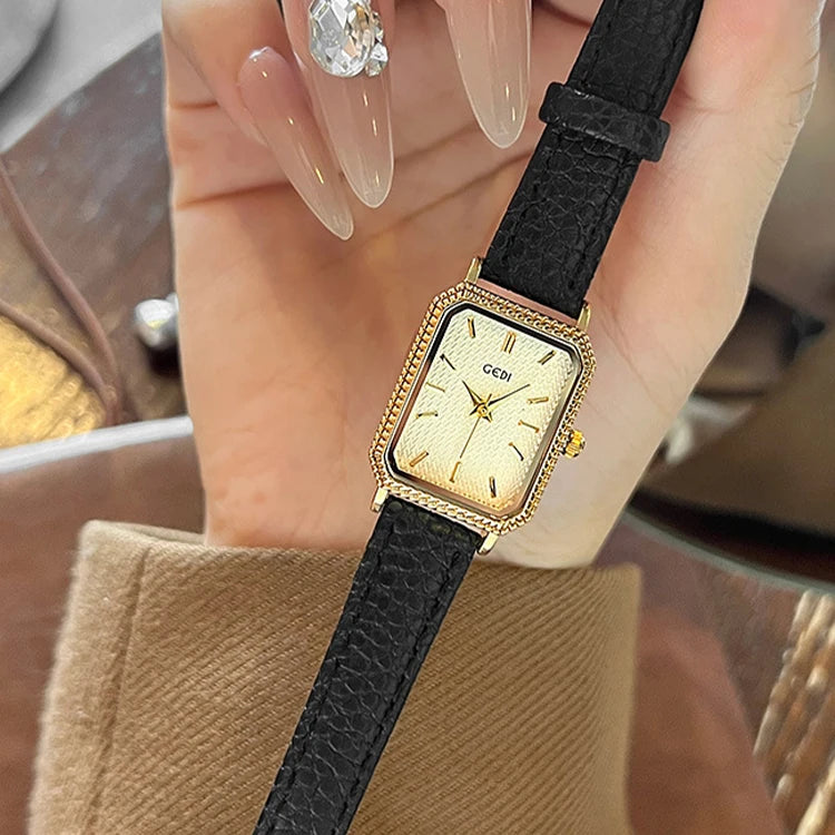 GEDI Ladies Small Wristwatches Elegant Square Vintage Watches for Woman Girlfriend Leather Strap Quartz Watch Gifts New