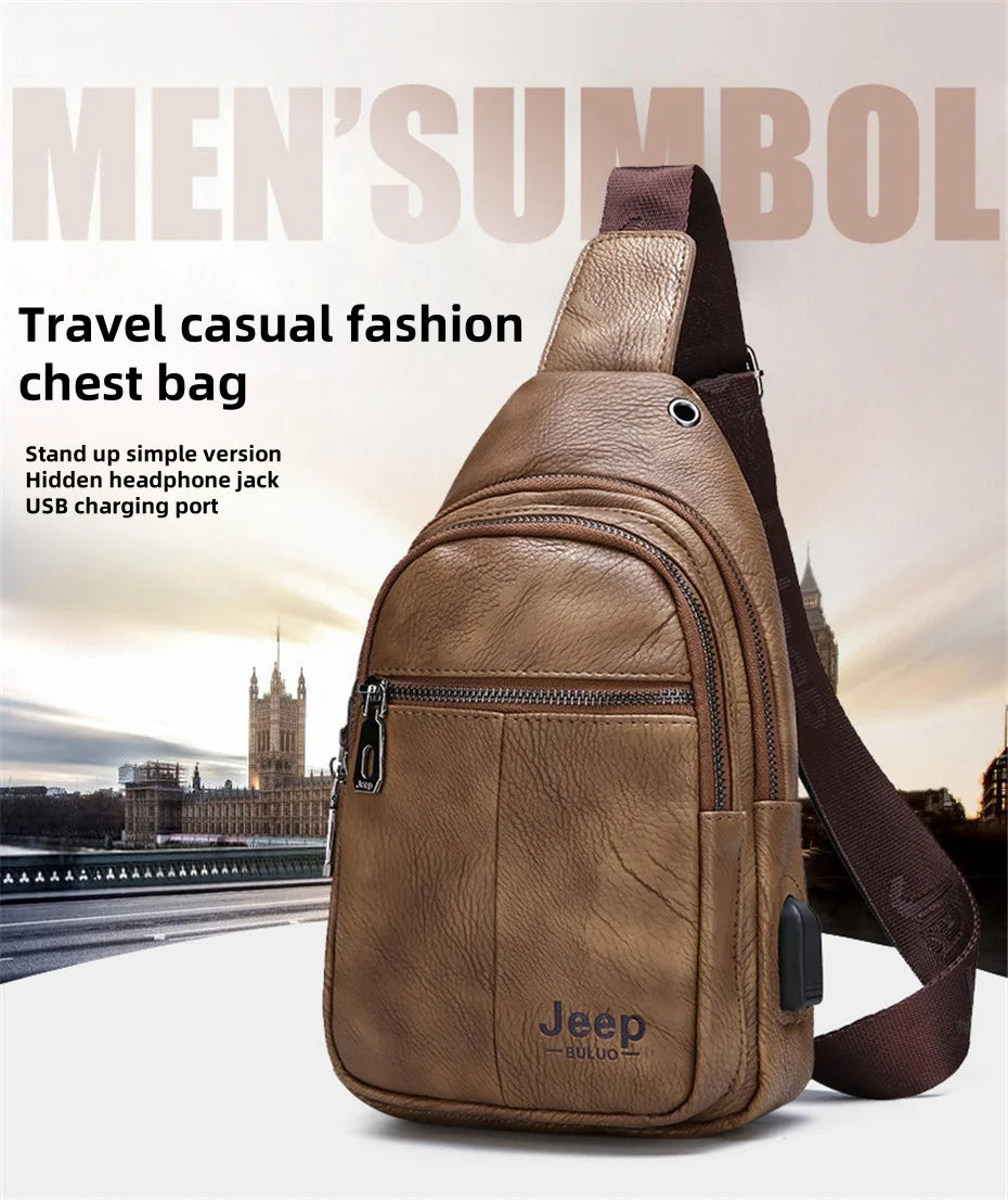 JEEP BULUO Men Crossbody Shoulder USB Sling Bag Fashion Leather Travel Bags