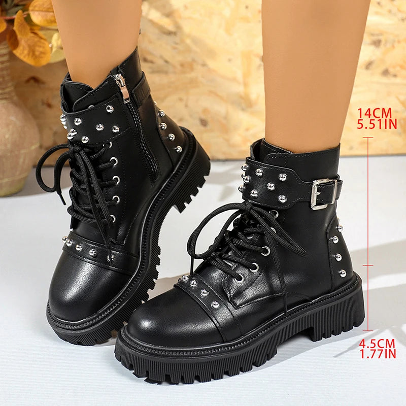 Rivets Decor Platform Ankle Boots Women Fashion Buckle Lace Up Zippers Combat Boots Woman Balck Pu Leather Motorcycle Shoes 42