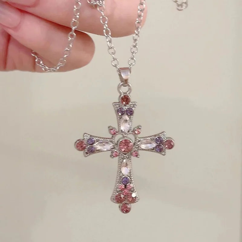 Gothic Y2K Crystal Zircon Cross Pendant Necklace for Women European and American Fashion Neck Chain Party Jewelry Birthday Gift