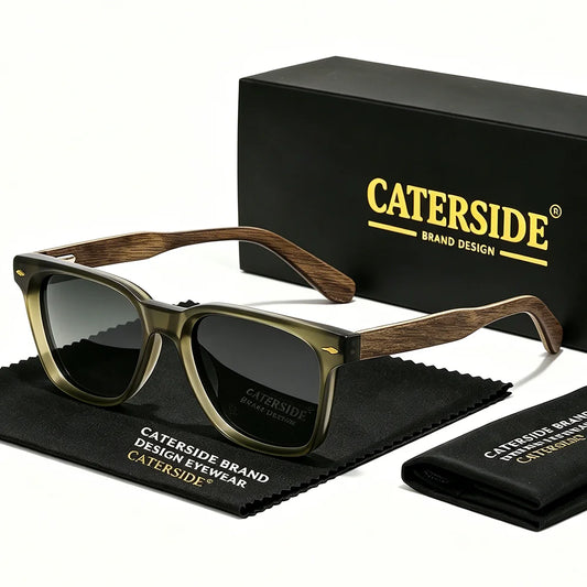 CATERSIDE New Vintage Square Polarized Men Sunglasses Wooden Leg Temples Women Fashion Eyewear for Outdoor Travel Driving UV400