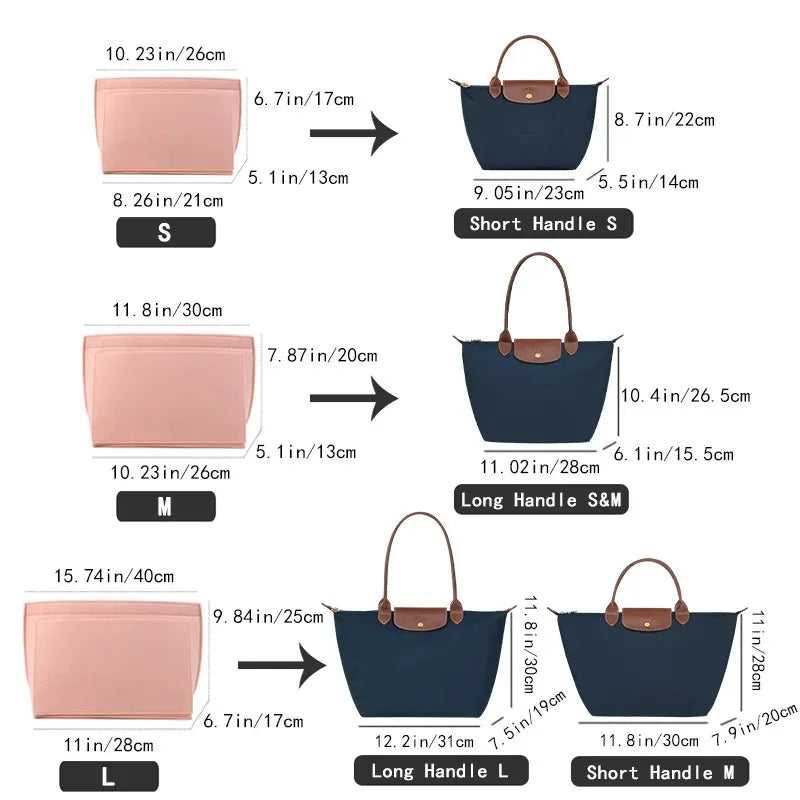 1Pc Felt Insert Bag Fits For Longchamp Handbag Liner Bag Felt Cloth Makeup Bag Support Travel Portable Insert Purse Organizer