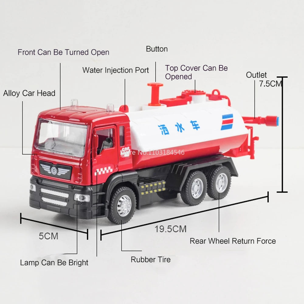 1/50 Sprinkler Truck Model Car Toy Alloy Diecast Engineering Vehicle Rubber Tire Sound Light Pull Back Toy Birthday Gift for Kid