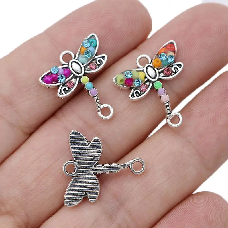 10Pcs Silver Plated Crystal Dragonfly Charm Connector for Making Bracelet DIY Findings Jewelry Accessories Handmade Craft