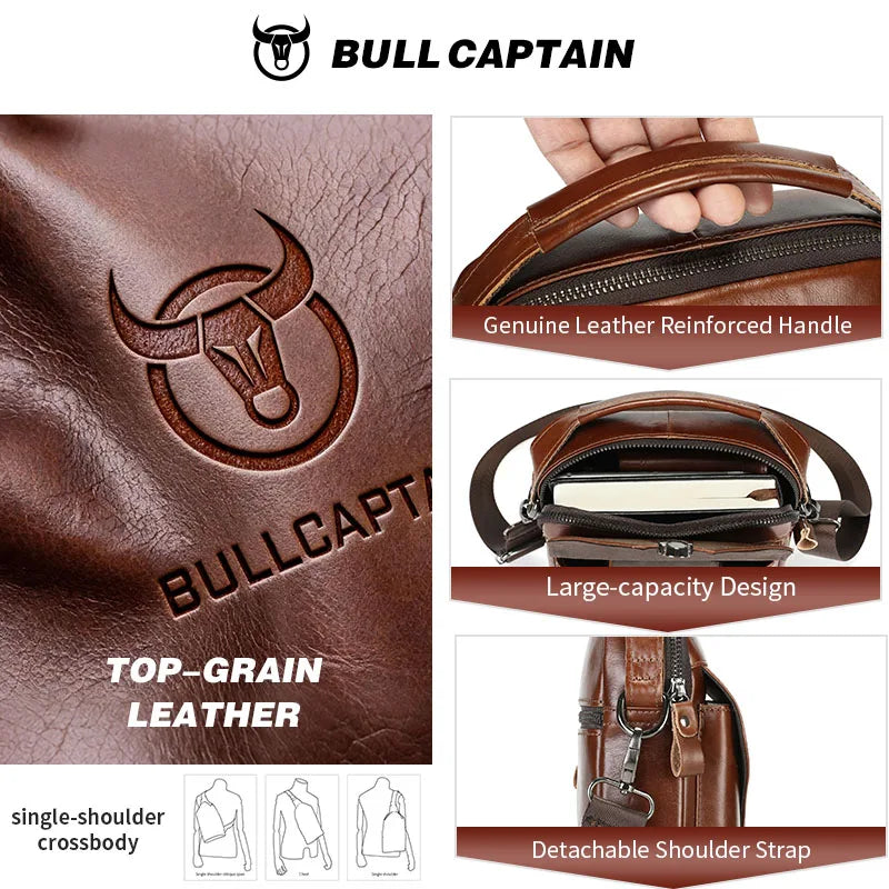 BULLCAPTAIN Men's Genuine Leather Bag Business Casual Shoulder Bag Anti-Theft Lock Fashion Portable Postman Crossbody Bag Brown