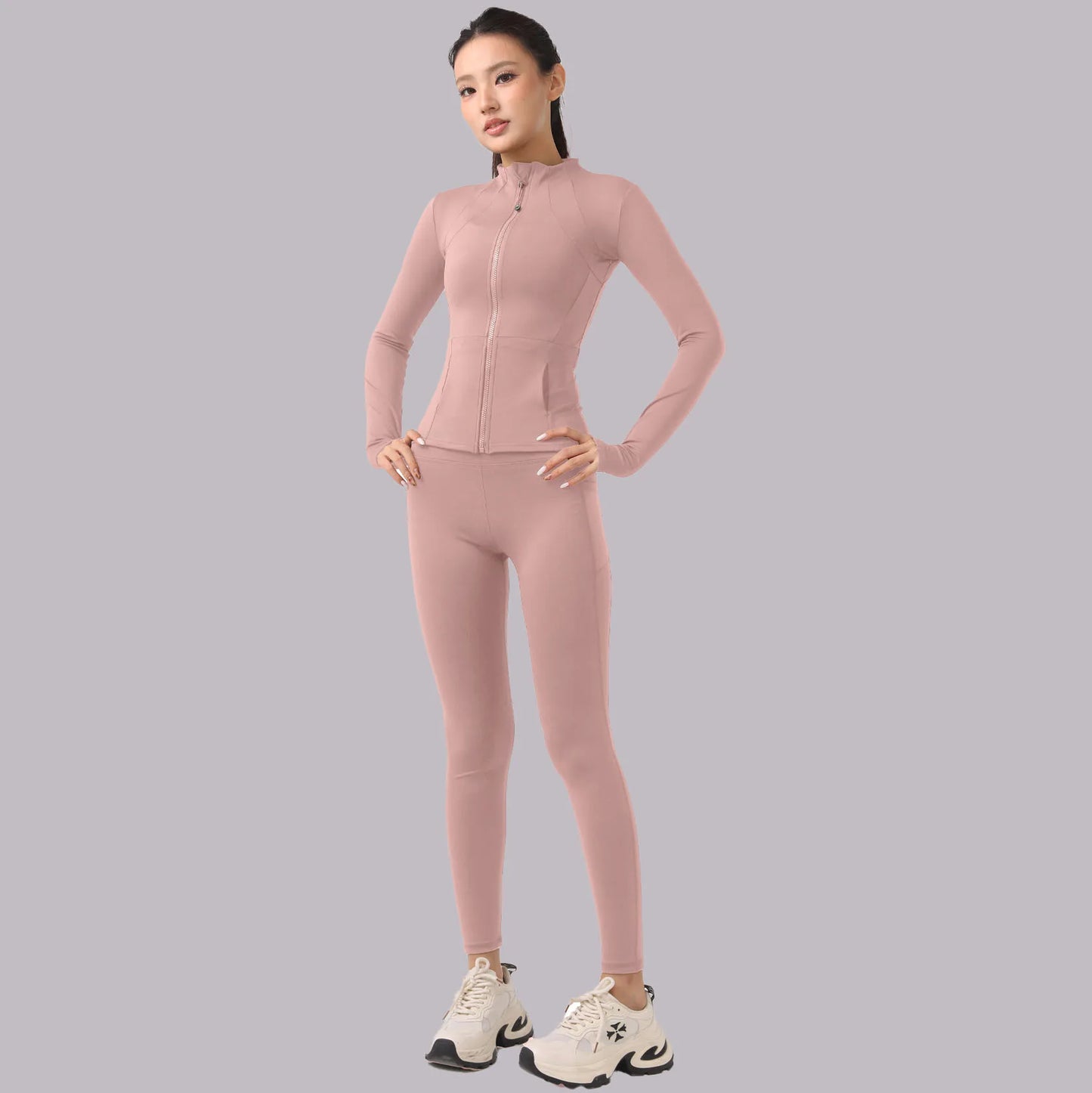 New Yoga Set: Stand Collar Zipper Slim-Fit Layering Sports Two-Piece with Thumb Holes